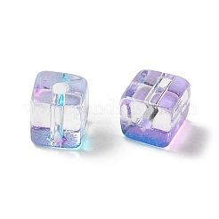 ツートンカラー透明ガラスビーズ  キューブ  スミレ  6x6x7mm  穴：1.4mm&nbsp;X1-GLAA-NH0001-03F