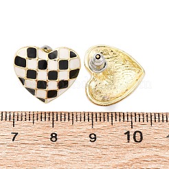 合金エナメルスタンドピアス  格子柄のハート  ゴールドカラー  ブラック  15.5x17.5mm&nbsp;EJEW-Z113-01G-A