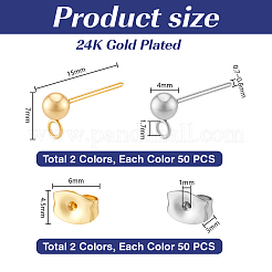 304ステンレススチールボールスタッドピアス金具  ループと耳掛けナット/ピアスバックキャッチ付き  ミックスカラー  15x7x4mm  穴：1.7mm  ピン：0.7~0.8mm  2色  50個/カラー  100pc&nbsp;STAS-PH0007-04
