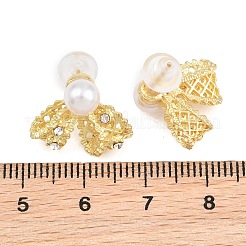 リボン型合金マイクロパヴェキュービックジルコニアスタッドピアス  女性用プラスチック模造真珠付き  ゴールドカラー  14x16mm&nbsp;AL-CBA3C8B-06G