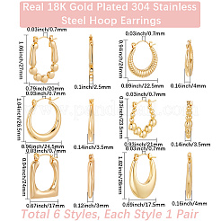 6ペア6スタイル304ステンレススチールフープピアス女性用  イオンプレーティング（ip）  18KGP本金メッキ  23.5~27x17~22.5x2.5~4mm  1ペア/スタイル&nbsp;EJEW-BBC0001-95