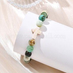 天然グリーンラインジャスパーと合成ターコイズのクロス＆ラウンドビーズストレッチブレスレット（女性用・男性用）  ビーズ：8.5mm  内径：2.13インチ（5.4cm）&nbsp;BJEW-JB13926-02