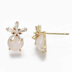 真鍮マイクロペーブクリアキュービックジルコニアスタッドピアス  猫の目で  ニッケルフリー  花  18KGP本金メッキ  15x10mm  ピン：0.7mm&nbsp;KK-R117-017-NF
