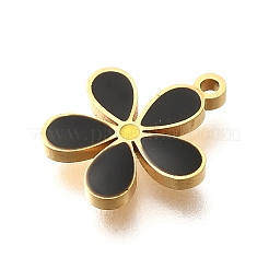 真鍮製エナメルチャーム  花のチャーム  18KGP本金メッキ  ブラック  12.5x11x1mm  穴：1mm&nbsp;STAS-Q347-14G-01-1
