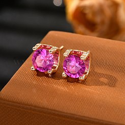 スクエア真鍮マイクロパヴェキュービックジルコニアスタッドピアス  カドミウムフリー＆鉛フリー  ラックめっき  長持ちメッキ  ゴールドカラー  オールドローズ  8.5x7mm&nbsp;EJEW-D318-03KCG-B