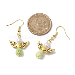 エンジェル アンティーク ゴールド合金 & 樹脂ダングル イヤリング  イミテーションパールアクリルドロップイヤリング  ダークオリーブグリーン  45x21.5mm&nbsp;EJEW-JE05686-03