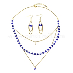 ロンデル304ステンレススチール＆ガラスビーズのレイヤードネックレスとイヤリングセット（女性用）  ブルー  420mm&nbsp;SJEW-JS01384-01