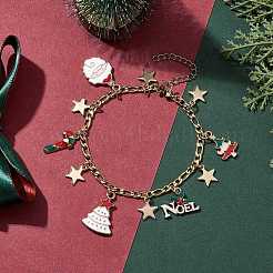 クリスマスツリー サンタクロース 合金 エナメル チャーム ブレスレット  女性用304ステンレススチールツイストチェーンブレスレット  ゴールドカラー  7-1/4インチ（18.4cm）&nbsp;BJEW-TA00491
