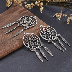 合金のチベット風チャーム  羽付きネット/ウェブ  鉛フリー＆ニッケルフリー＆カドミウムフリー  タイスターリングシルバーメッキ  63x28x1.5mm  穴：2mm&nbsp;X-TIBE-Q054-14TAS-NR