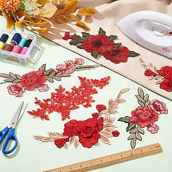 5 ペア 5 スタイルの 3D フラワーアップリケ  コンピュータ刺繍布をオーナメントアクセサリーに縫い付ける  レッド  220~310x100~135x0.8~4mm  1ペア/スタイル&nbsp;DIY-WR0003-83