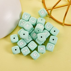 ブレスレットやネックレスを作るための26個の26スタイルのシリコンアルファベットビーズ  文字スタイル  キューブ  ターコイズ  12x12x12mm  穴：3mm  1個/スタイル&nbsp;SIL-SZ0001-01C