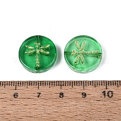 ベーキングペイント透明ガラスビーズ  フラットラウンド＆トンボ  ゴールドライン入り  ミディアムシーグリーン  17x4.5~5mm  穴：1.2mm&nbsp;DGLA-N018-30C