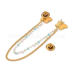 304 Stainless Steel Pave Clear Cubic Zirconia & Dyed Colorful Stone Butterfly Hanging Chain Brooch&nbsp;JEWB-S021-07G