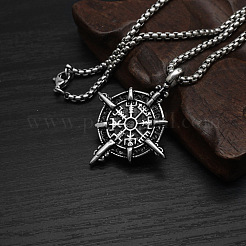 Vintage 304 Stainless Steel Viking Compass Pendant Necklaces for Men&nbsp;WG1D9FE-01