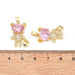 真鍮製マイクロパヴェキュービックジルコニアペンダント  カドミウムフリー＆鉛フリー  クマ＆ハート  18KGP本金メッキ  パールピンク  21x15x5.5mm  穴：5x3mm&nbsp;KK-G533-14G-02