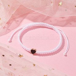 ナイロン糸編みビーズ調節可能なブレスレット  合金エナメルハート付き  女性のための  ホワイト  内径：2-3/8~4-1/8インチ（6.1~10.6cm）&nbsp;BJEW-JB09770-01