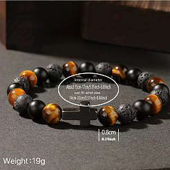 Natural Tiger Eye & Lava Rock & Black Stone Round Beads Stretch Bracelets&nbsp;LS-LL8667
