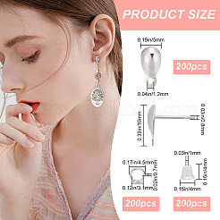 304ステンレススチールスタッドピアス金具200個  水平ループ付き  ティアドロップ  丸カン200個とプラスチック製イヤーナット200個付き。  ステンレス鋼色  10x5mm  穴：1.2mm  ピン：0.8mm&nbsp;DIY-CN0002-19