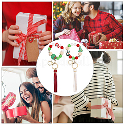 クリスマスキーホルダーリストレットのDIYキット  ベル＆ツリー＆スノーマンシリコン＆ウッドポリゴンビーズを含む  イミテーションフェザータッセルビッグペンダントデコレーション  鉄合金留め具キーホルダー  ミックスカラー  44個/箱&nbsp;DIY-CA0005-77