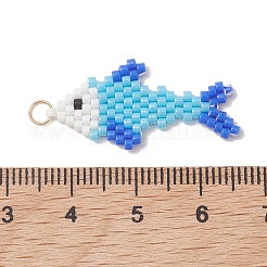 ミユキガラスシードビーズペンダント  魚のチャーム  304ステンレススチールオープン丸カン付き  18KGP本金メッキ  ライトスカイブルー  29.5x14.5x2mm  穴：3.5mm&nbsp;PALLOY-MZ01319-01