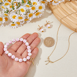 真鍮の蝶結びペンダントネックレス、スタッドピアス、ブレスレットセット  手作りの花柄磁器ペンダント付き  ゴールドカラー  ネックレス：478mm；イヤリング：20mm；ブレスレット：内径：50mm&nbsp;SJEW-DC00003