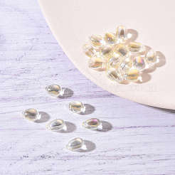 20個の透明スプレー塗装ガラスチャーム  ABカラーメッキ  ティアドロップ  シャンパンイエロー  9x6x6mm  穴：1mm&nbsp;GLAA-YW0001-03B