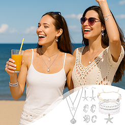 Ocean Theme Brass & 304 Stainless Steel Necklaces & Bracelets & 304 Stainless Steel Earring & Brass Cuff Rings Sets&nbsp;SJEW-PH00007