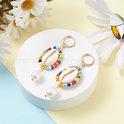 ナチュラルシェルとパールで包まれたダングルフープピアス  女性のためのビーズの楕円形のロングドロップピアス  ゴールドカラー  カラフル  60mm  ピン：0.7x0.9mm&nbsp;EJEW-TA00049