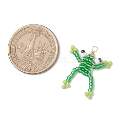 ガラスシードビーズのカエルペンダント  銅線と  ライトゴールド  グリーン  26x23x2mm  穴：1.8mm&nbsp;PALLOY-MZ00990
