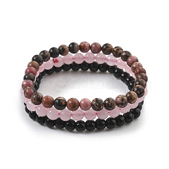 3Pcs 3 Style Natural Rhodonite & Black Agate & Rose Quartz Round Beaded Stretch Bracelets Set&nbsp;PW23030761414