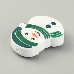 クリスマスのテーマ食品グレードの環境に優しいシリコーン ビーズ  雪だるま模様  30x23.5x8.5mm  穴：2.5mm&nbsp;SIL-WH0015-05C