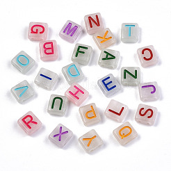 蓄光アクリルマルチ連リンク  タイル弾性ブレスレット作り用  文字のある正方形  混合文字  ミックスカラー  8x8x4mm  穴：1.5mm  約1900個/500g&nbsp;LACR-N001-002