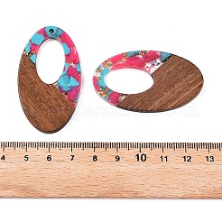 透明樹脂とクルミ材のペンダント  金箔を施した楕円形の中空チャーム  ショッキングピンク  49.5x28x4mm  穴：2mm&nbsp;RESI-T057-02K
