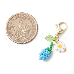 ひまわりのつぼみのアクリルガラスシードビーズペンダント装飾  合金製カニカン付き  ゴールドカラー  ディープスカイブルー  40mm&nbsp;HJEW-MZ00229-04