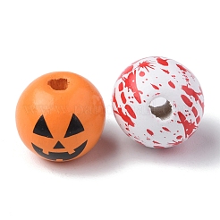 40 個 4 色のハロウィンテーマプリント天然木製ビーズ  血まみれの手と血とカボチャの模様の丸い  ミックスカラー  16x14.5mm  穴：3.5mm  10個/カラー&nbsp;WOOD-FS0001-03