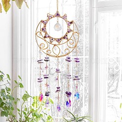 天然アメジストチップと金属製の太陽・月型サンキャッチャー  屋外の庭の壁掛け装飾用のガラス製ティアドロップチャーム  517x170x30.5mm&nbsp;HJEW-F027-12