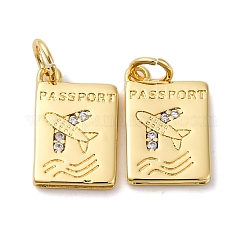 Brass Micro Pave Cubic Zirconia Pendants, Passport Charms, Long-Lasting Plated, Cadmium Free & Lead Free, Rack Plating, with Jump Ring, Real 18K Gold Plated, 14x9.5x1.5mm, Hole: 3.5mm