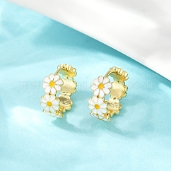 Brass Enamel Hoop Earrings, Flower, Cadmium Free & Lead Free, Rack Plating, Long-Lasting Plated, Real 18K Gold Plated, 17x7.5mm