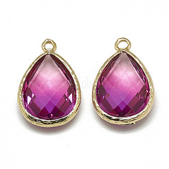 ガラスチャーム  ゴールデントーン真鍮パーツ  多面カット  ティアドロップ  赤ミディアム紫  23x15x7mm  穴：1.5~2mm&nbsp;GLAA-Q068-12A-05