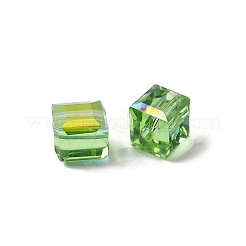 電気メッキガラスビーズ  キューブ  多面カット  半分メッキ  ライムグリーン  7x7x7mm  穴：1.6mm&nbsp;EGLA-G040-01A-AB05