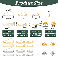 240セット8スタイルの鉄製ブローチ金具  バックバーピン＆ラペルピンバック  タイタックピン  プラチナ·ゴールデン  12~27mm 30本セット/スタイル&nbsp;IFIN-BC0001-20