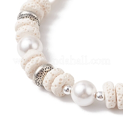 Flat Round Natural Lava Rock & Shell Pearl Beaded Stretch Bracelets for Women&nbsp;BJEW-JB12140-02