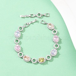 プラチナトーン真鍮マイクロパヴェキュービックジルコニアテニスブレスレット  オーバル  女性用リンクブレスレット  時計バンドの留め金付き  長持ちメッキ  カラフル  8-3/8x3/8インチ（21.2x0.95cm）&nbsp;BJEW-B160-14P
