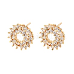女性用フラワー真鍮マイクロパヴェクリアキュービックジルコニアスタッドピアス  カドミウムフリー＆鉛フリー  長持ちメッキ  ラックめっき  ゴールドカラー  12mm&nbsp;EJEW-G428-09G