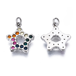 316サージカルステンレススチールチャーム  丸カンとラインストーン付き  スター  ステンレス鋼色  11x9x1.5mm  穴：1.6mm  丸カン：3x0.5ミリ  1.6mm内径&nbsp;STAS-N097-009P