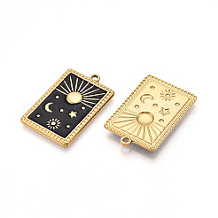 304ステンレスペンダント  エナメル  月と星と太陽のチャームが付いた長方形  イオンプレーティング（ip）  18KGP本金メッキ  ブラック  28x18x2mm  穴：1.6mm&nbsp;STAS-N108-27B-G