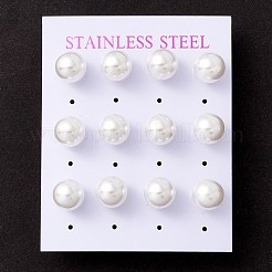 6 ペアのシェルパールラウンドボールスタッドピアス  PVD真空メッキ304ステンレススチール製ポストイヤリング（女性用）  長持ちメッキ  ホワイト  ゴールドカラー  22x10mm  ピン：1mm&nbsp;EJEW-A067-18A-G