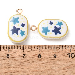 プリント合金とアクリルパーツ  鉄のリング付き  スターチャーム付きオーバル  ブルー  ゴールドカラー  24x13x7mm  穴：2mm&nbsp;AL-CBAE25B-04G-G