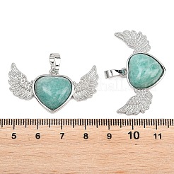 天然石アマゾナイトペンダント  真鍮製の宝石と天使の羽が付いたハートのチャーム  ラックめっき  長持ちメッキ  プラチナ  20x39x7mm  穴：8x5mm&nbsp;G-A315-04A-P