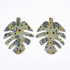 PUレザービッグペンダント  両面印刷  デイジーの花の模様  葉  ダークシーグリーン  55x43x2mm  穴：1mm&nbsp;FIND-TA0002-A20